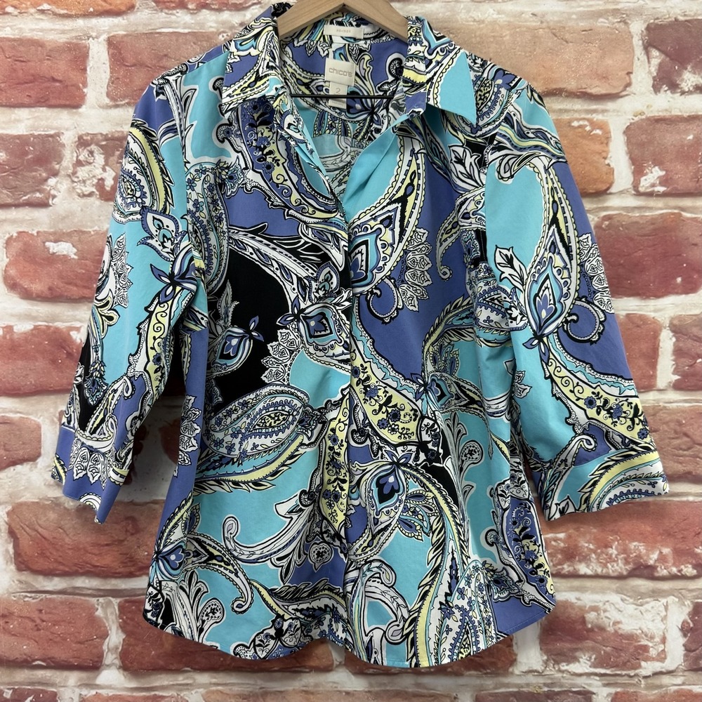 Chicos Shirt Women's Large Blue Multicolor Boho Floral No Iron Casual Career Top - Picture 6 of 8